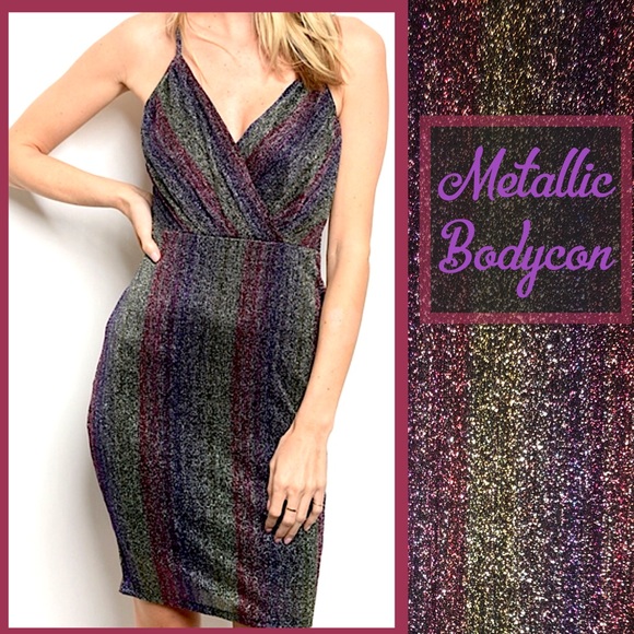 Rainbow Striped Metallic Bodycon V Neck Mini Rave - Picture 2 of 8